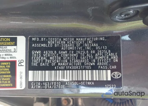 2013 Toyota Camry Le из США, поврежденный, VIN 4T4BF1FK0DR317105